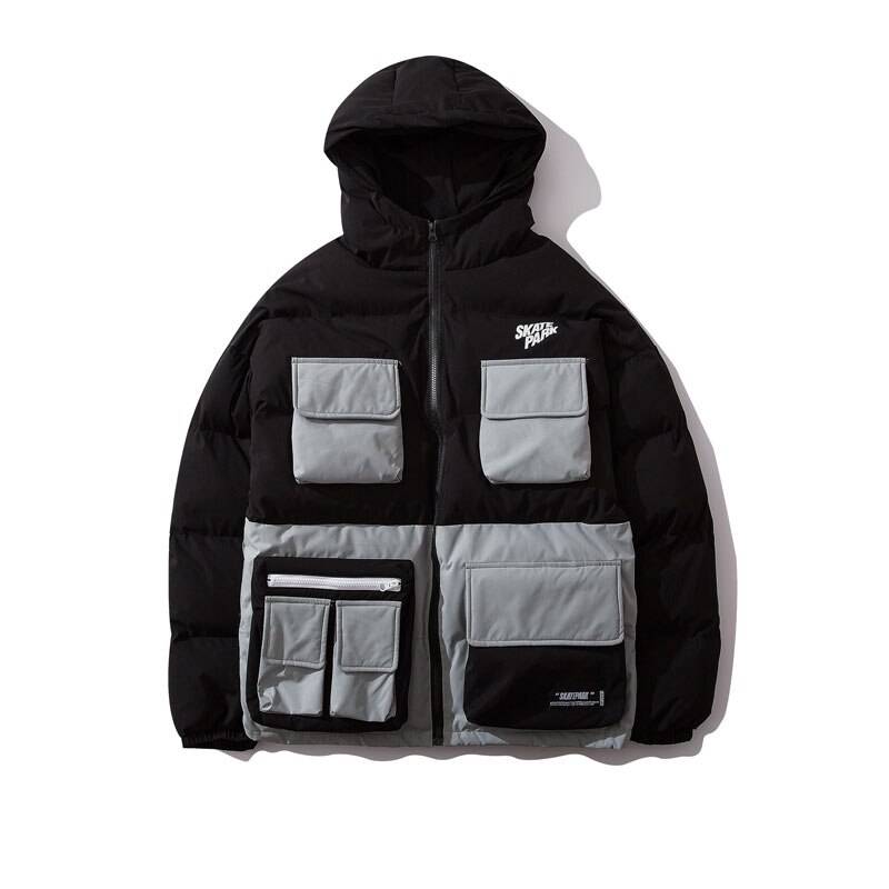 Men’s Color Block Pockets Hooded Techwear Winter Jacket color: black size: XL 