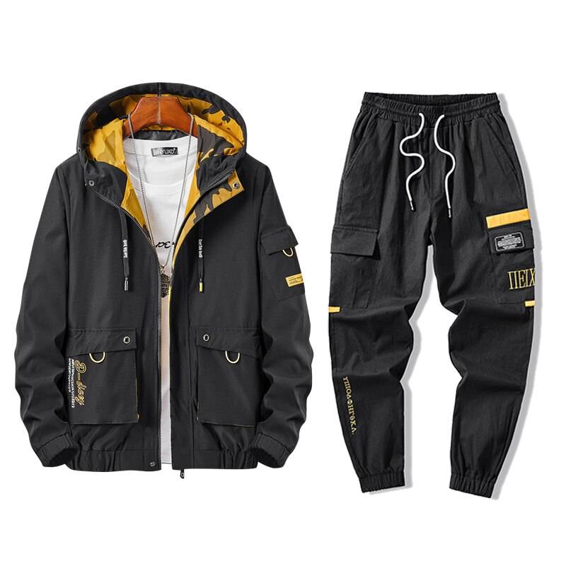 Men’s Color Mix Cargo Techwear Jacket and Pants Set color: Black/1 size: XXL 
