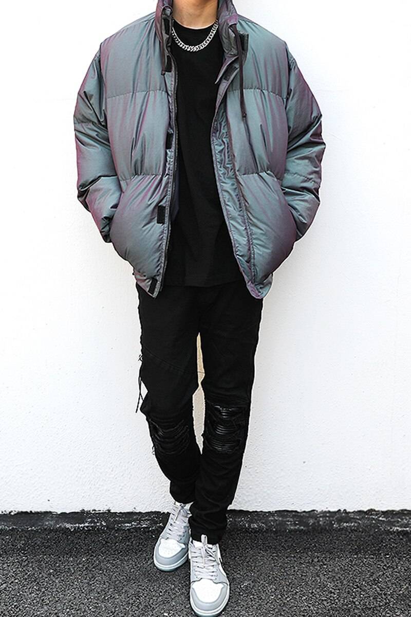 Mens Reflective Jackets and Coats Casual Zipper Stand-collar Warm Cotton Padded Bomber Outerwear Hip Hop Streetwear Winter Coat 