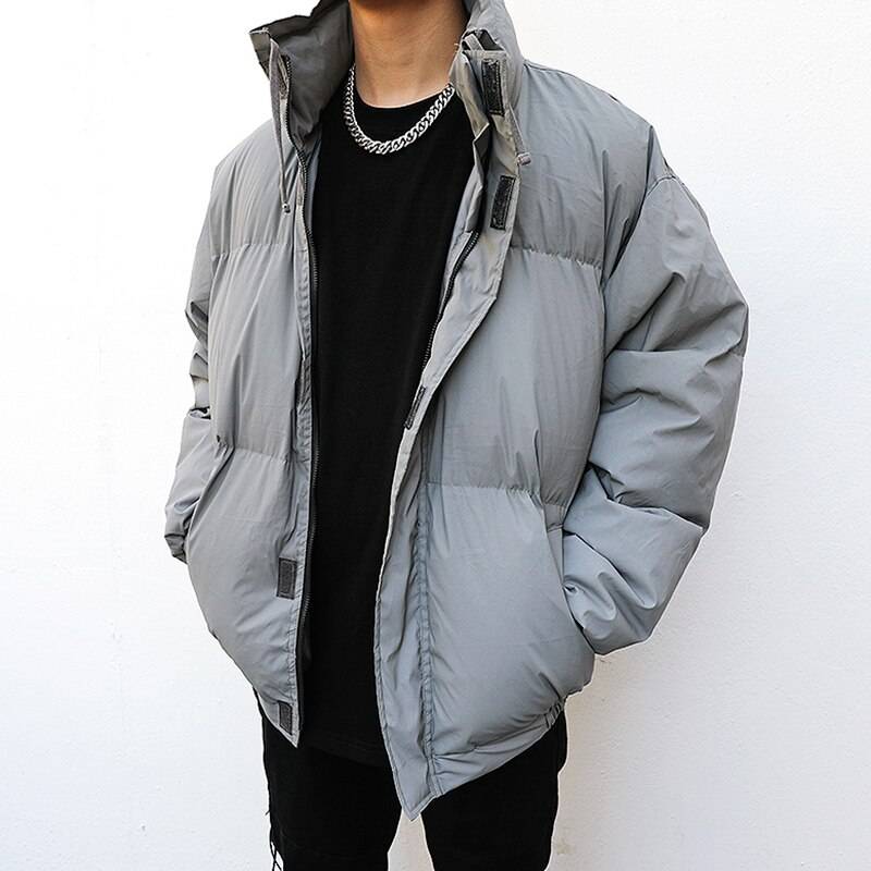 Mens Reflective Jackets and Coats Casual Zipper Stand-collar Warm Cotton Padded Bomber Outerwear Hip Hop Streetwear Winter Coat 
