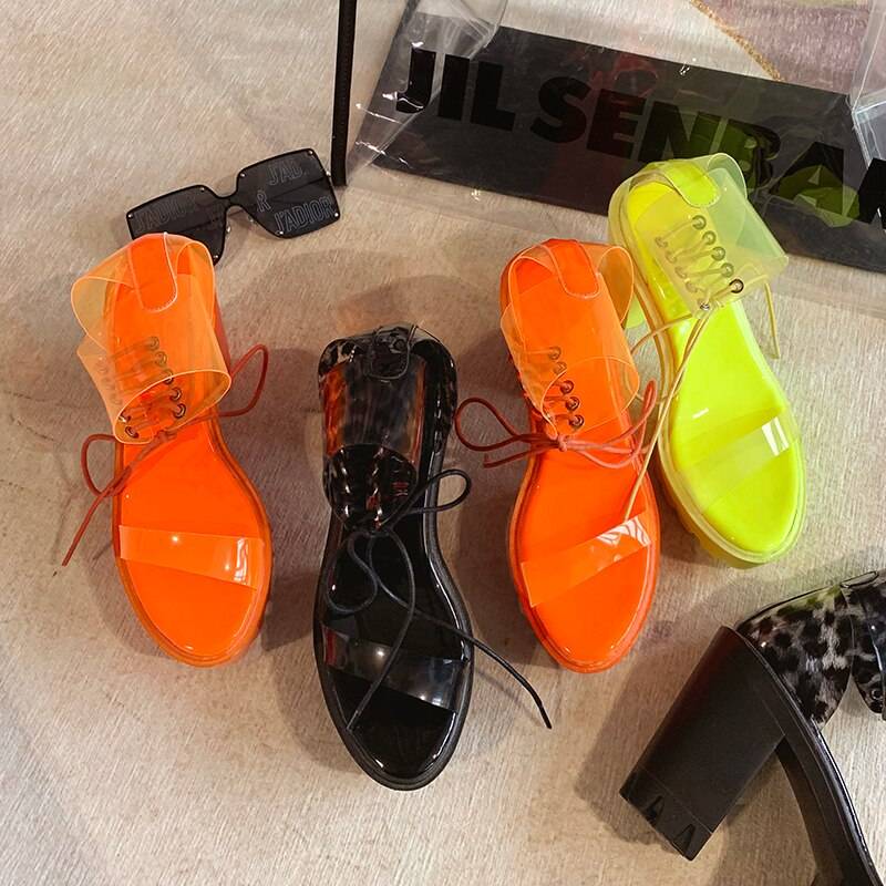 Neon Green PVC Jelly Sandals Open Toe Lace-up Gladiator High Heels Summer Shoes Platform Heel Transparent Sandals Big Size 43 