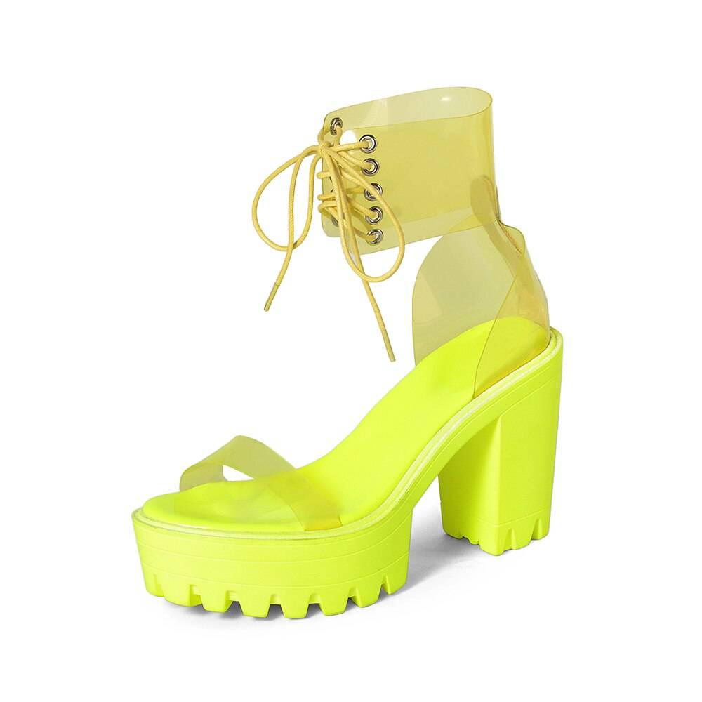 Neon Green PVC Jelly Sandals Open Toe Lace-up Gladiator High Heels Summer Shoes Platform Heel Transparent Sandals Big Size 43 color: kelly Shoe Size: 6 