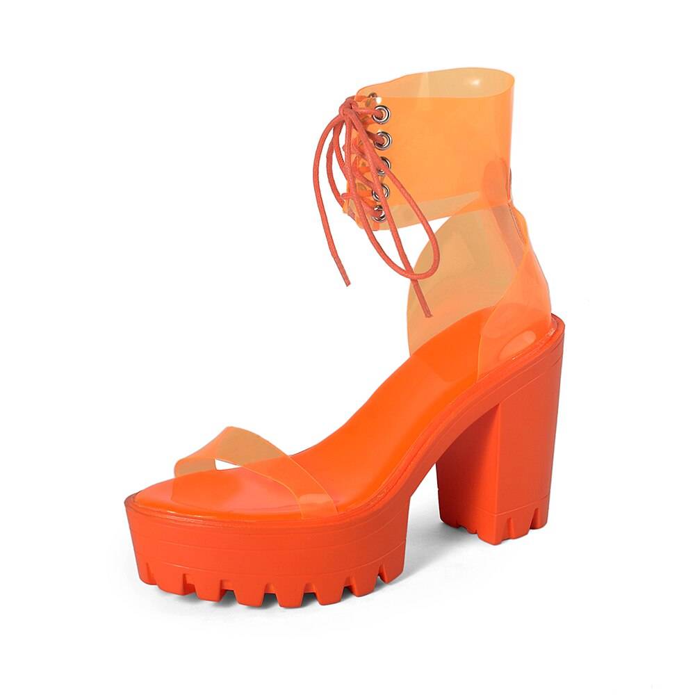 Neon Green PVC Jelly Sandals Open Toe Lace-up Gladiator High Heels Summer Shoes Platform Heel Transparent Sandals Big Size 43 color: Orange Shoe Size: 9 