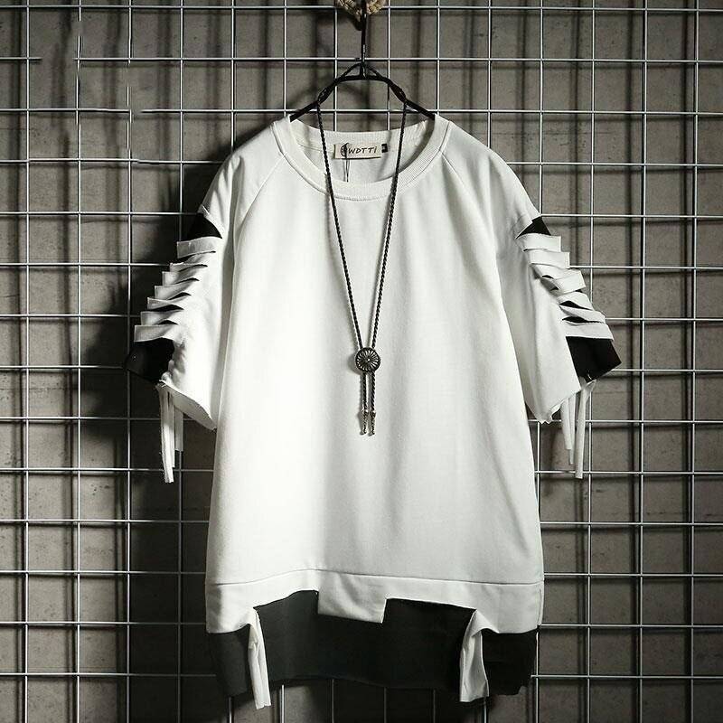 Oversized Techwear T Shirt Streetwear Ripped Hole Vintage Hip Hop T Shirt False Two Loose Short Sleeve Summer 