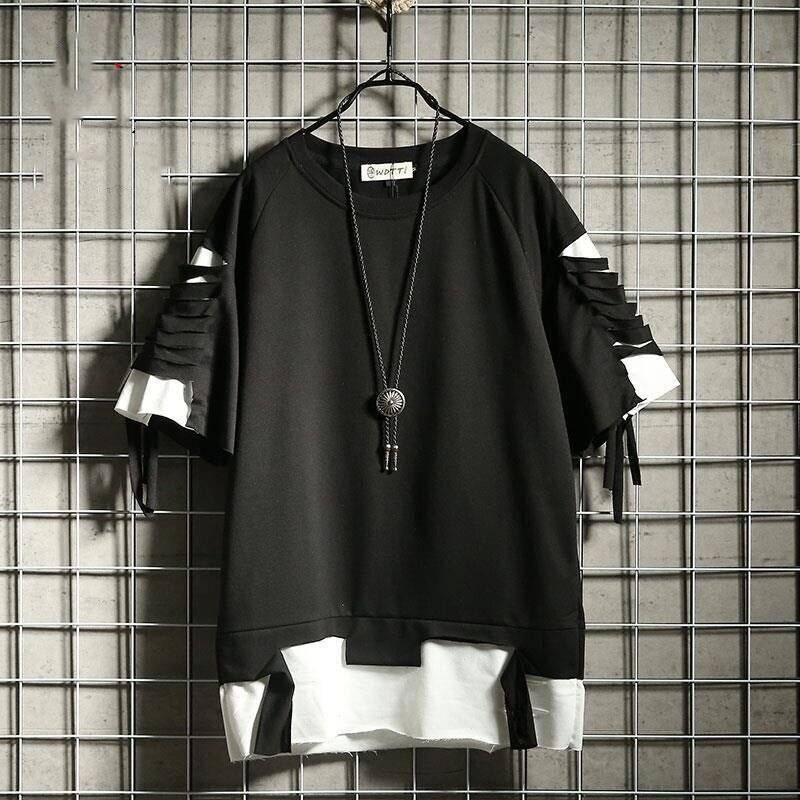 Oversized Techwear T Shirt Streetwear Ripped Hole Vintage Hip Hop T Shirt False Two Loose Short Sleeve Summer color: black size: XL(Weight 60-67kg) 