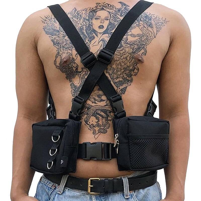 Punk Chest Waist Bag Hip-Hop Tactical Streetwear Pack Unisex Outdoor Functional Vest Bags Two Pockets Harness Rig Bag XA139M 