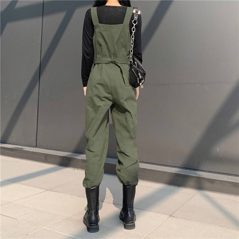 Punk Overalls Women Jumpsuits Pants Green Sashes Buckle Strappy Slim Autumn High Waist Winter Streetwear Harajuku Lady Jumpsuits 