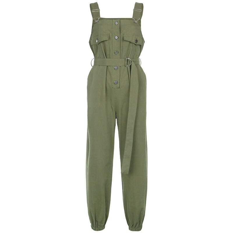 Punk Overalls Women Jumpsuits Pants Green Sashes Buckle Strappy Slim Autumn High Waist Winter Streetwear Harajuku Lady Jumpsuits size: M color: Army Green 