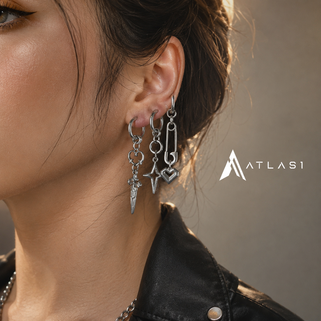 Punk Grunge Rivet Chain Drop Earrings