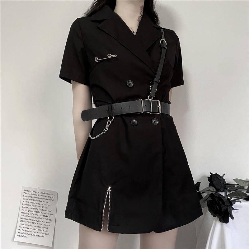 QWEEK Gothic Punk Blazer Dress Women 2021 Summer Streetwear Goth Harajuku Korean Fashion Black Mini Dress Staple Short Sleeve 