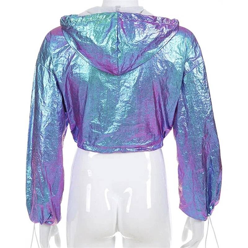 Rainbowwaves Women Jazz Dance Street Dance Top Rave Outfit Holographic Jacket Short Hooded Neon Outfit Dance Crop Top 
