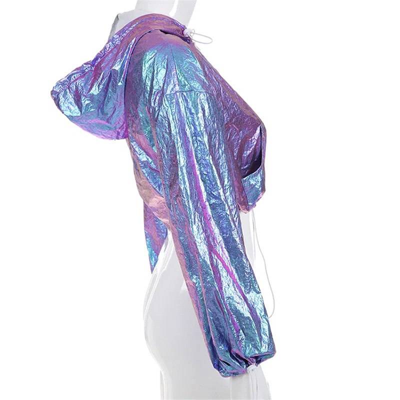 Rainbowwaves Women Jazz Dance Street Dance Top Rave Outfit Holographic Jacket Short Hooded Neon Outfit Dance Crop Top 