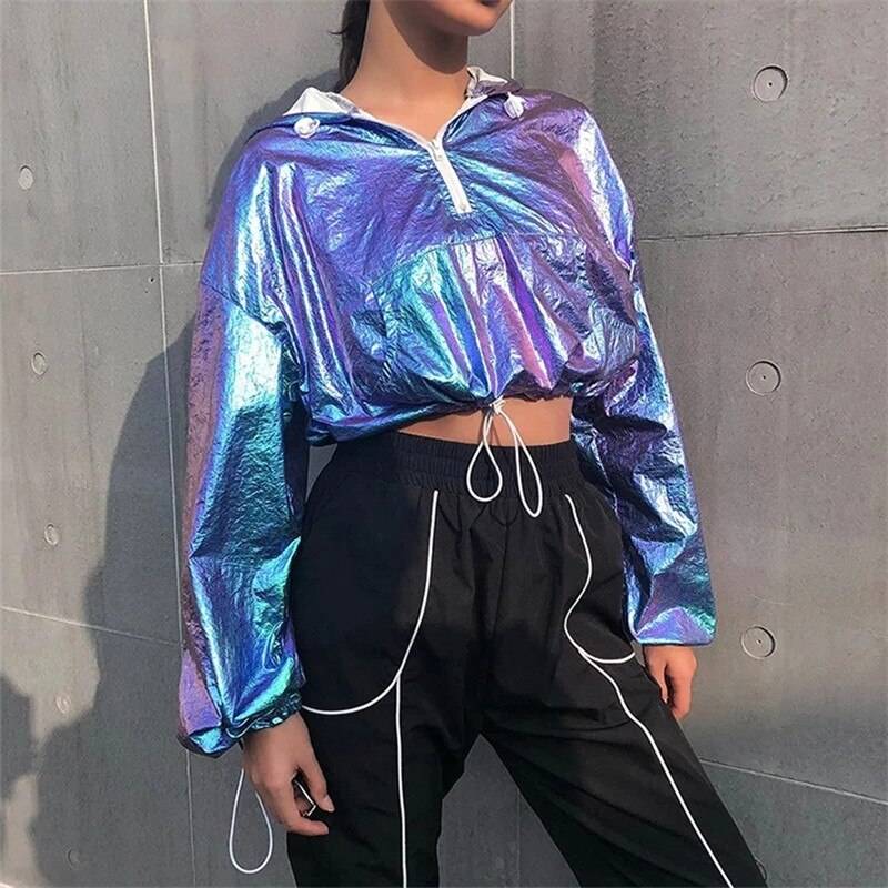 Rainbowwaves Women Jazz Dance Street Dance Top Rave Outfit Holographic Jacket Short Hooded Neon Outfit Dance Crop Top 