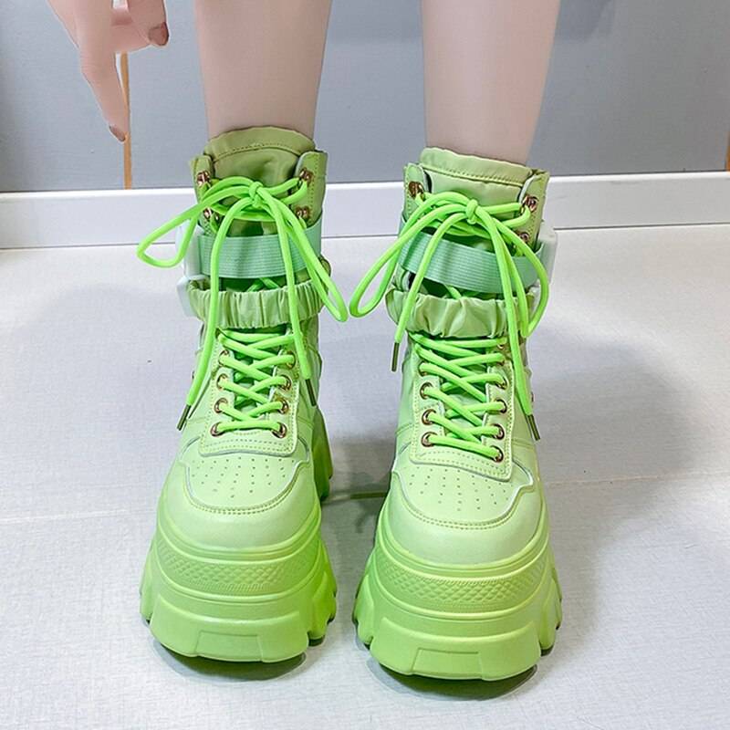 Rimocy Green Punk Chunky Platform Motorcycle Boots Women Autumn Winter Gothic Shoes Woman Thick Bottom Lace Up Ankle Botas Mujer 