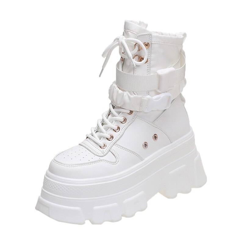 Rimocy Green Punk Chunky Platform Motorcycle Boots Women Autumn Winter Gothic Shoes Woman Thick Bottom Lace Up Ankle Botas Mujer color: White Shoe Size: 38 