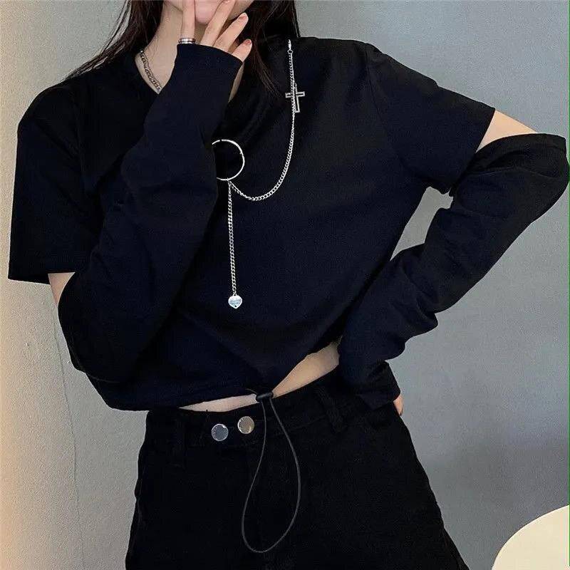 Spring Autumn Women Harajuku Cargo Pants Handsome Cool Two-piece Suit Chain Long Sleeve+Ribbon Pants 