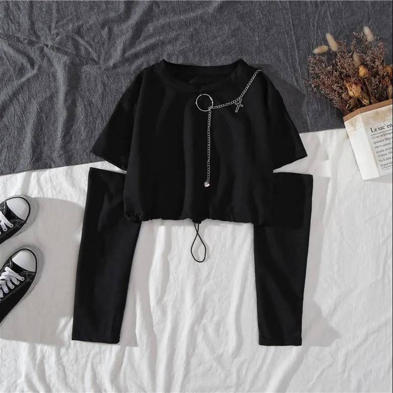 Spring Autumn Women Harajuku Cargo Pants Handsome Cool Two-piece Suit Chain Long Sleeve+Ribbon Pants color: long sleeve size: XL 