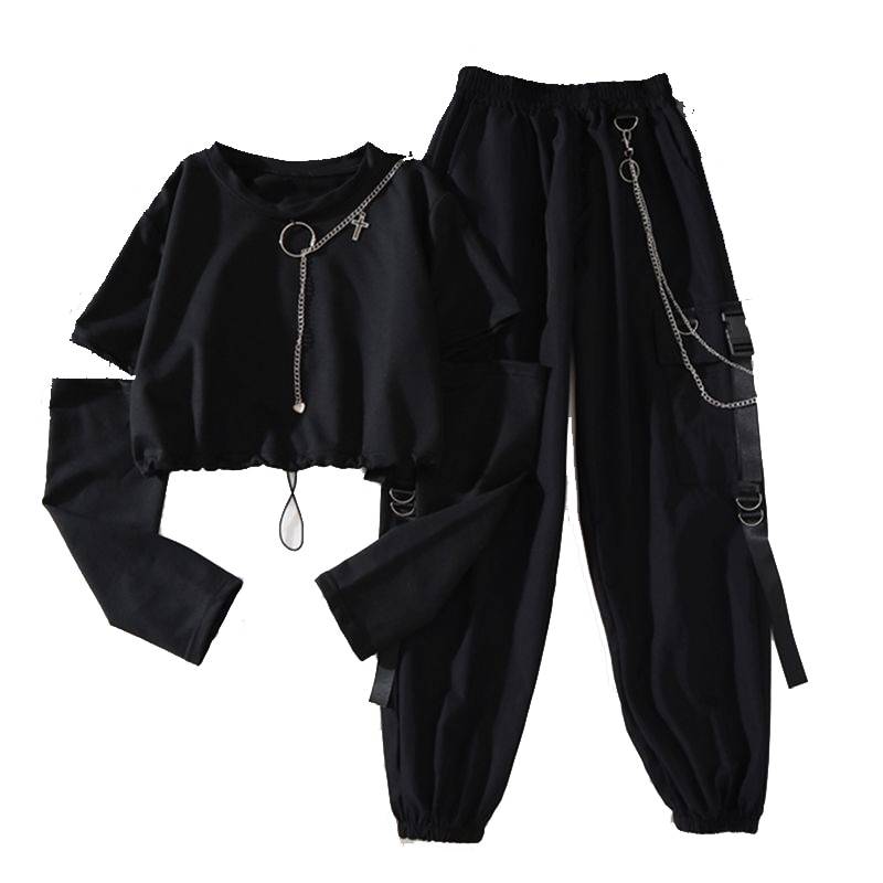 Spring Autumn Women Harajuku Cargo Pants Handsome Cool Two-piece Suit Chain Long Sleeve+Ribbon Pants 