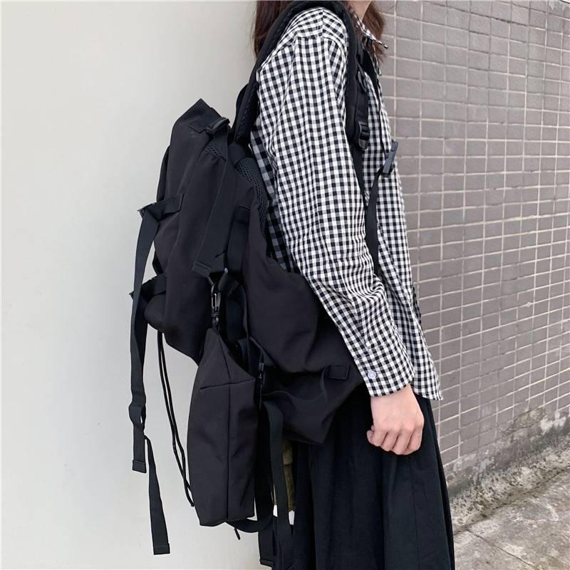 Techwear Alternative Black Backpack Unisex Harajuku Pocket Buckles Tour Bag 