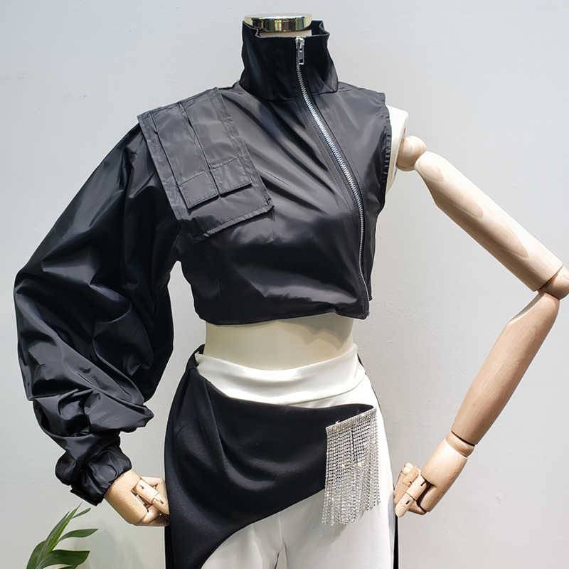 Techwear Asymetric Women Jacket One Shoulder Stand Collar Zipper Jacket 