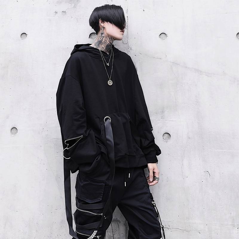 Unique Men&#8217;s Black Hooded Sweatshirts Oversized Ribbon Fashion Hoodies Male Hip hop Streetwear Baggy Techwear Pullover Tops Man 
