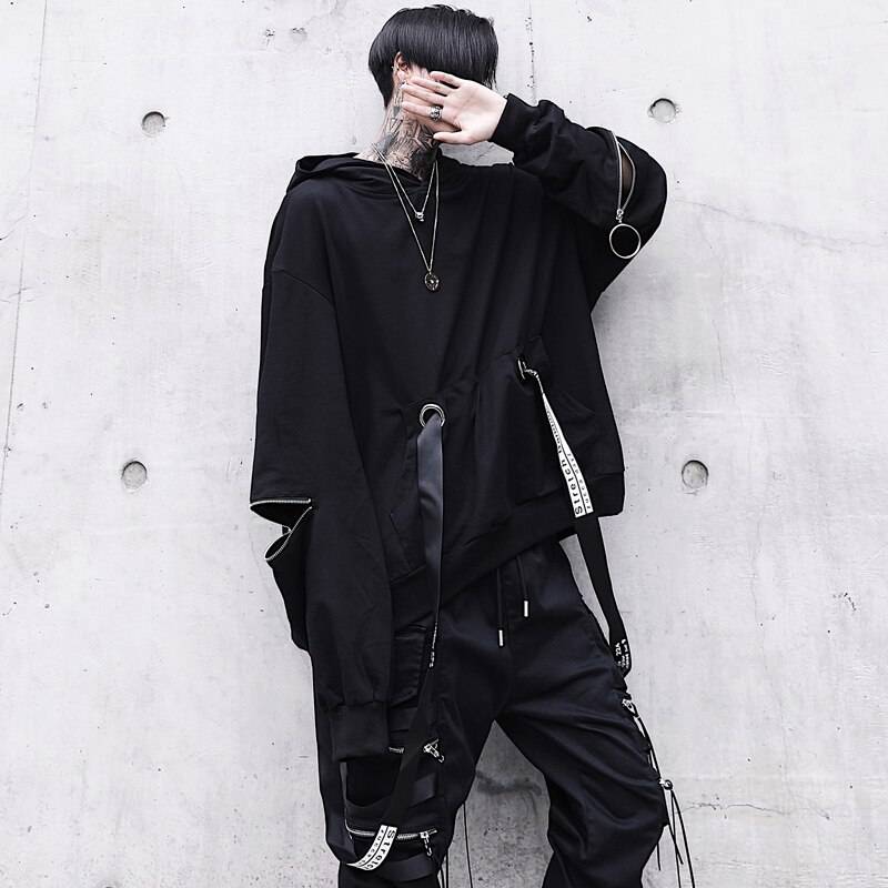 Unique Men&#8217;s Black Hooded Sweatshirts Oversized Ribbon Fashion Hoodies Male Hip hop Streetwear Baggy Techwear Pullover Tops Man 