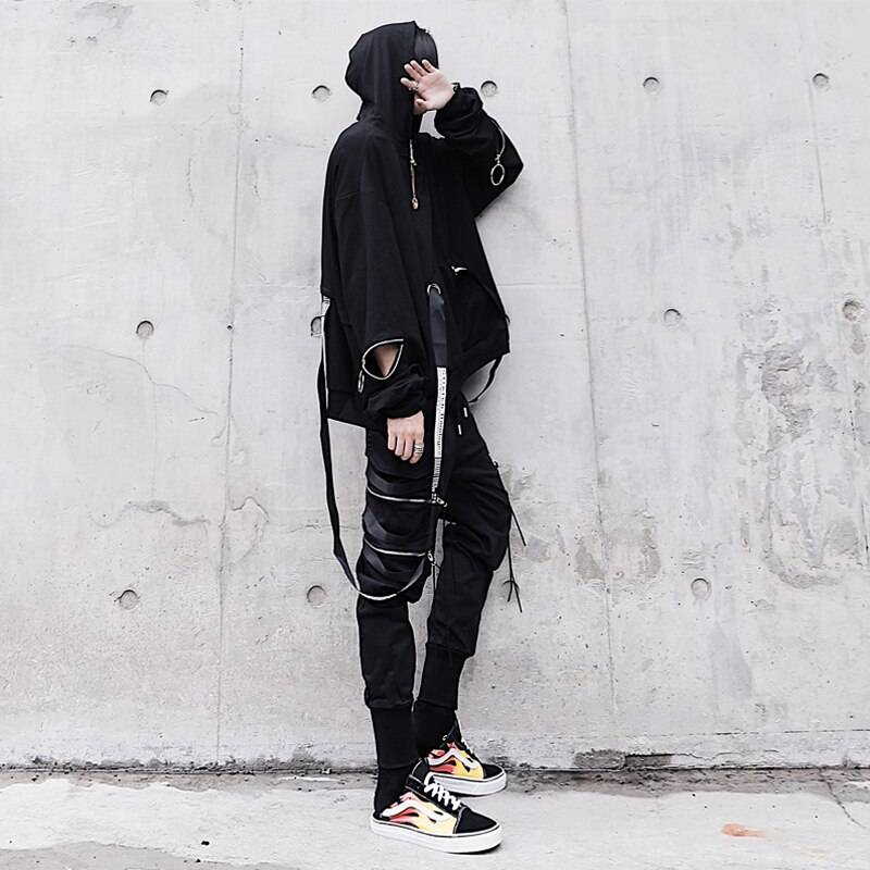 Unique Men&#8217;s Black Hooded Sweatshirts Oversized Ribbon Fashion Hoodies Male Hip hop Streetwear Baggy Techwear Pullover Tops Man 