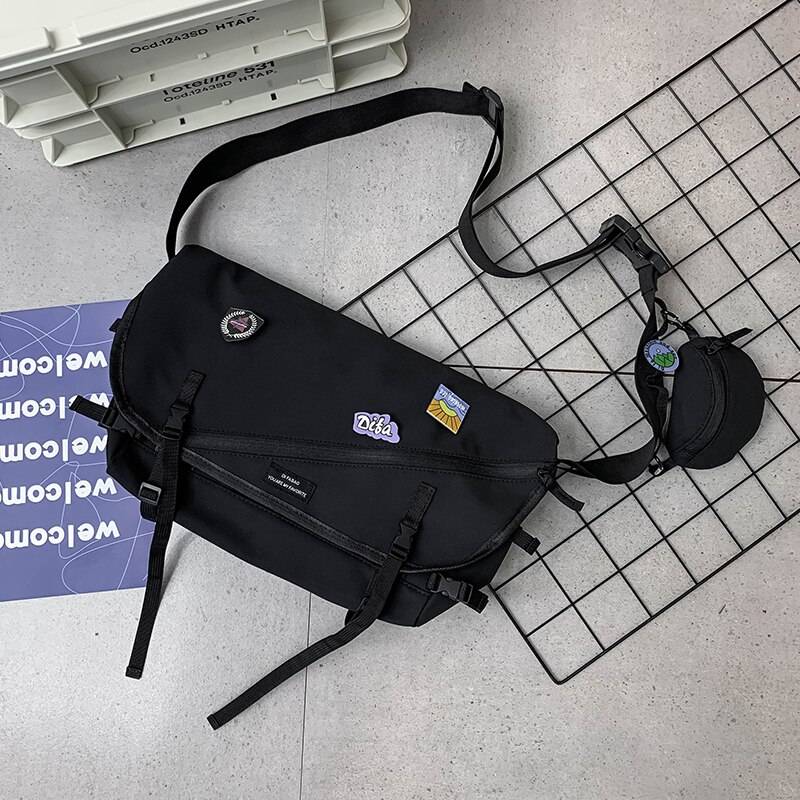 Unisex Large Capacity Students Single Shoulder Bag Nylon Waterproof Messenger Bag Teenagers Campus Bookbag Casual Solid New color: black with badge size: 46 27 16cm 