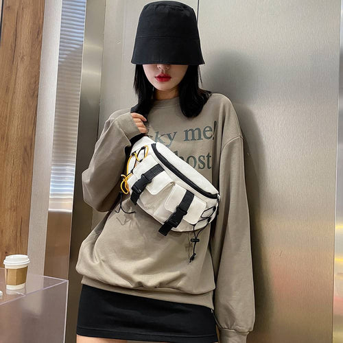 Unisex Street Casual Chest Bag Canvas Women Men Zipper Fanny Bum Belt Pouch Daily Travel Crossbody Shoulder Pack 