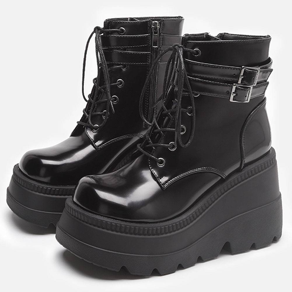 Unisex Ultra-High Platform Techwear Ankle Boots color: Black Patent Shoe Size: 9.5 