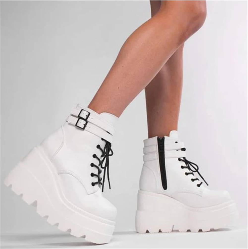 Unisex Ultra-High Platform Techwear Ankle Boots color: White Shoe Size: 6.5 