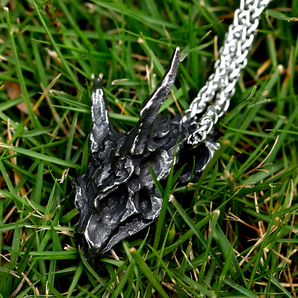 Viking Dragon Skull Pendant Necklace