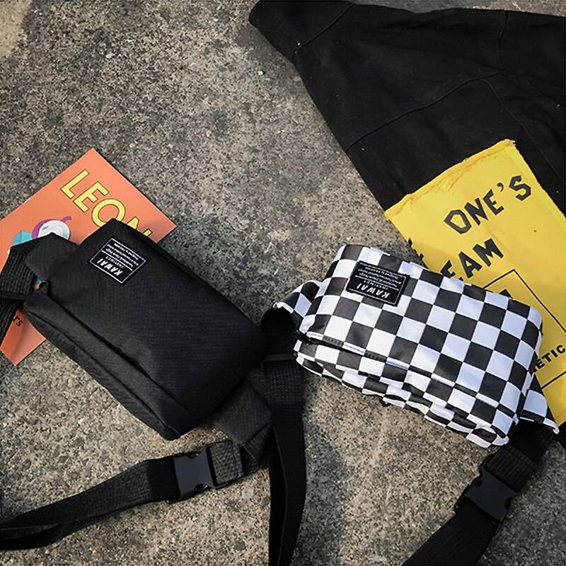 Waterproof Nylon Checked Print Techwear Waist Bag 