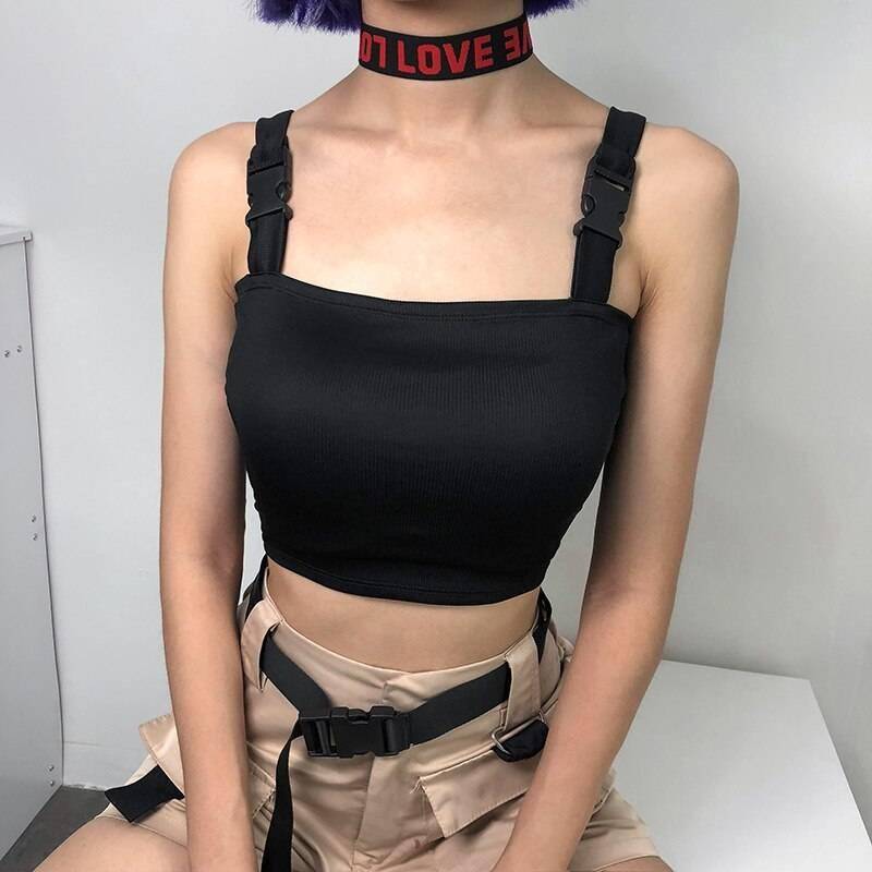 Weekeep Women Black Adjustable Buckle Tank Top Summer Cropped Streetwear Tank Tops 2018 Sexy Backless Sleeve Crop Top 