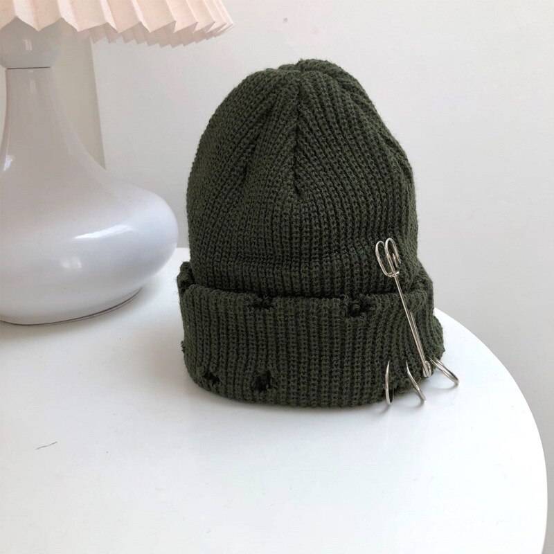 Winter Punk Harajuku Hole Skullies Women Warm Fashion Knitted Hat Autumn Hip hop Beanies Unisex Basic Cap PJ388 color: Army Green size: One Size 