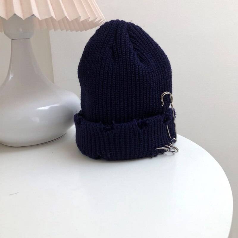 Winter Punk Harajuku Hole Skullies Women Warm Fashion Knitted Hat Autumn Hip hop Beanies Unisex Basic Cap PJ388 color: Navy blue size: One Size 