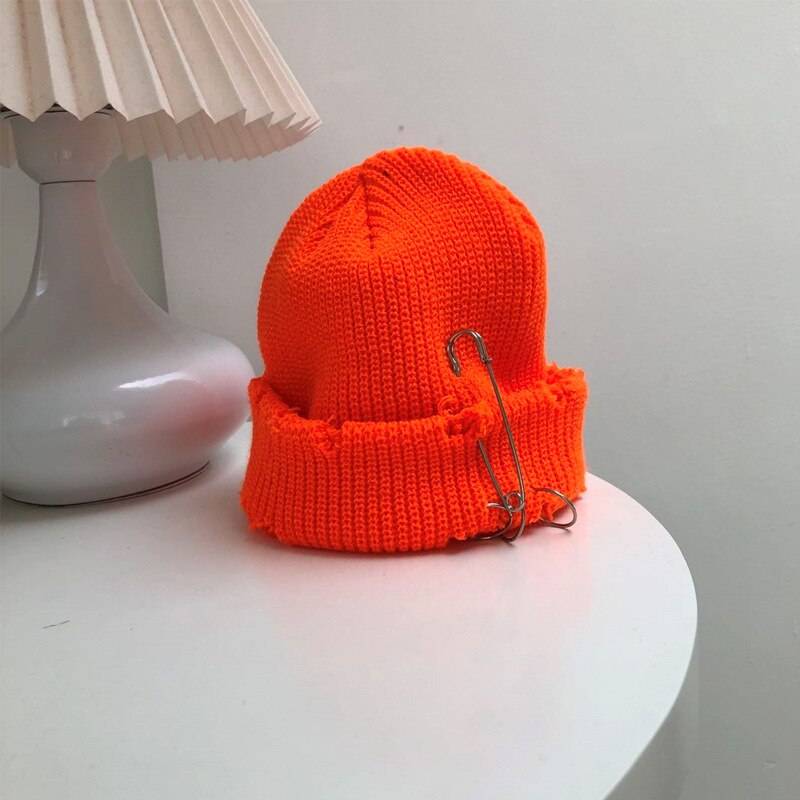 Winter Punk Harajuku Hole Skullies Women Warm Fashion Knitted Hat Autumn Hip hop Beanies Unisex Basic Cap PJ388 color: Orange size: One Size 