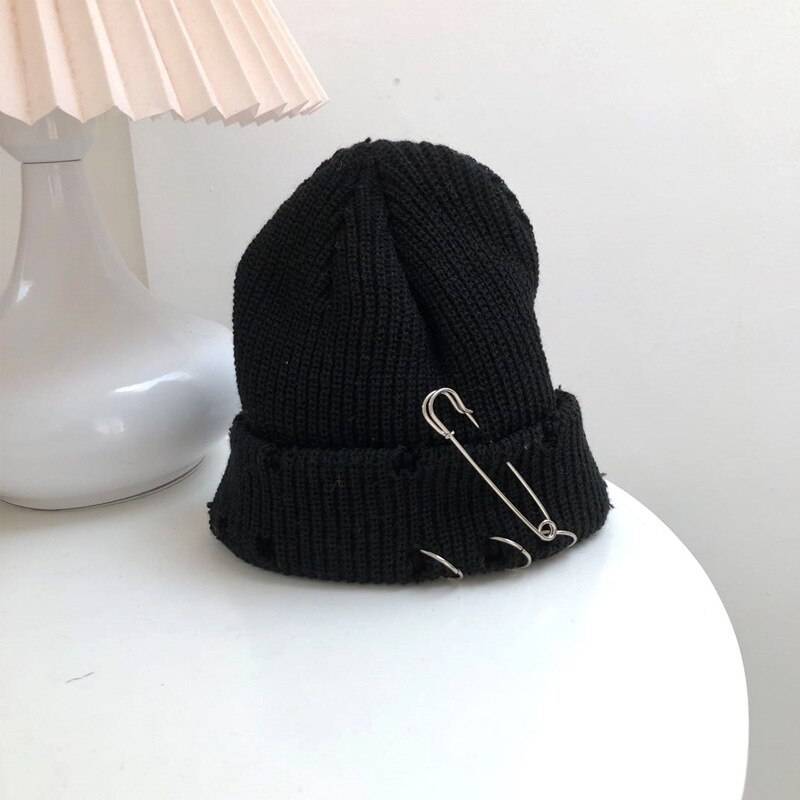 Winter Punk Harajuku Hole Skullies Women Warm Fashion Knitted Hat Autumn Hip hop Beanies Unisex Basic Cap PJ388 color: black size: One Size 