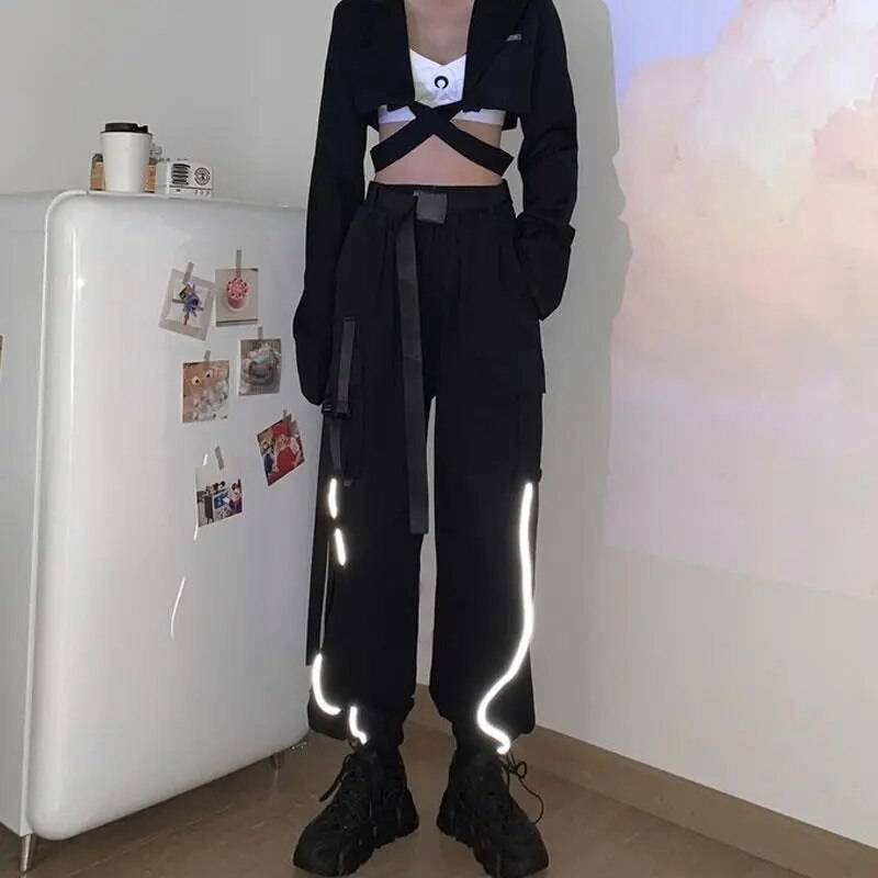 With Belt Reflective Oversize Cargo Pants Women Joggers Women Gothic Black Streetwear Trousers Korean Style Harajuku High Waist 
