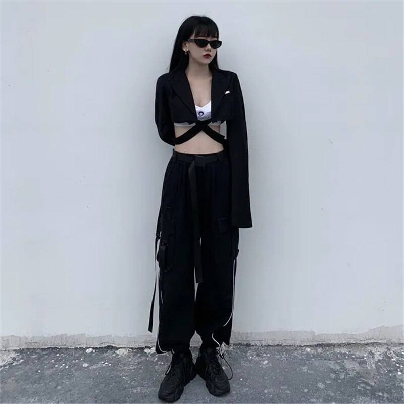 With Belt Reflective Oversize Cargo Pants Women Joggers Women Gothic Black Streetwear Trousers Korean Style Harajuku High Waist 