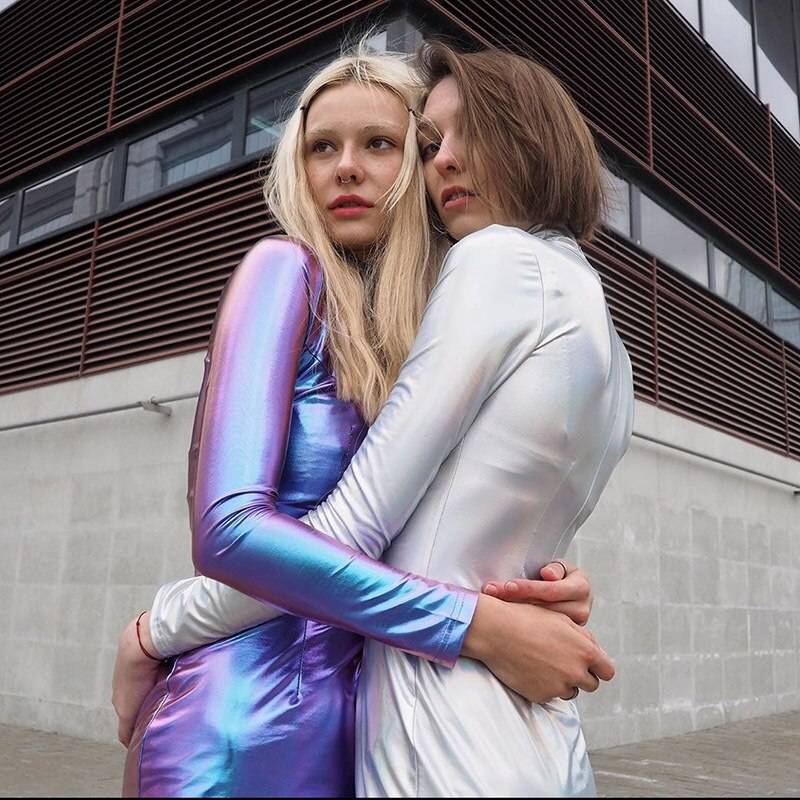 Women Shiny Metallic Holographic Laser Bodycon Dress Ladies Long Sleeve High Neck Slim Mini Dresses Streetwear Dance Performance 