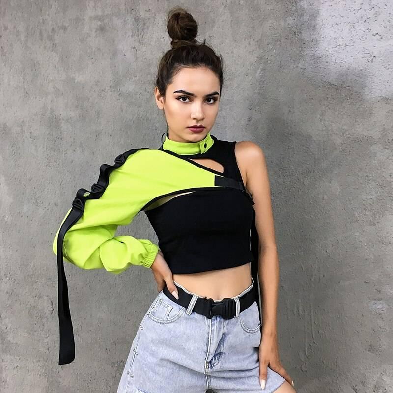Women&#8217;s Neon Green One Shoulder Techwear Crop Top 