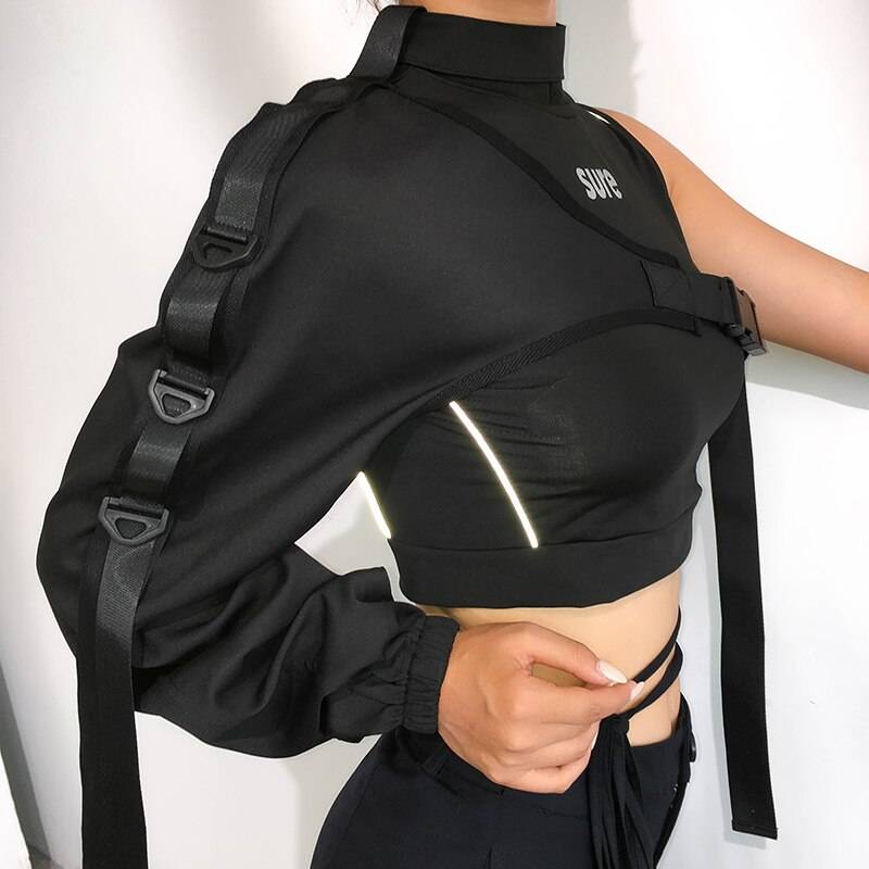 Women&#8217;s Neon Green One Shoulder Techwear Crop Top 