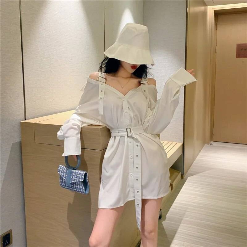 Women&#8217;s Rivet Techwear Shirt Mini Dress with Belt 