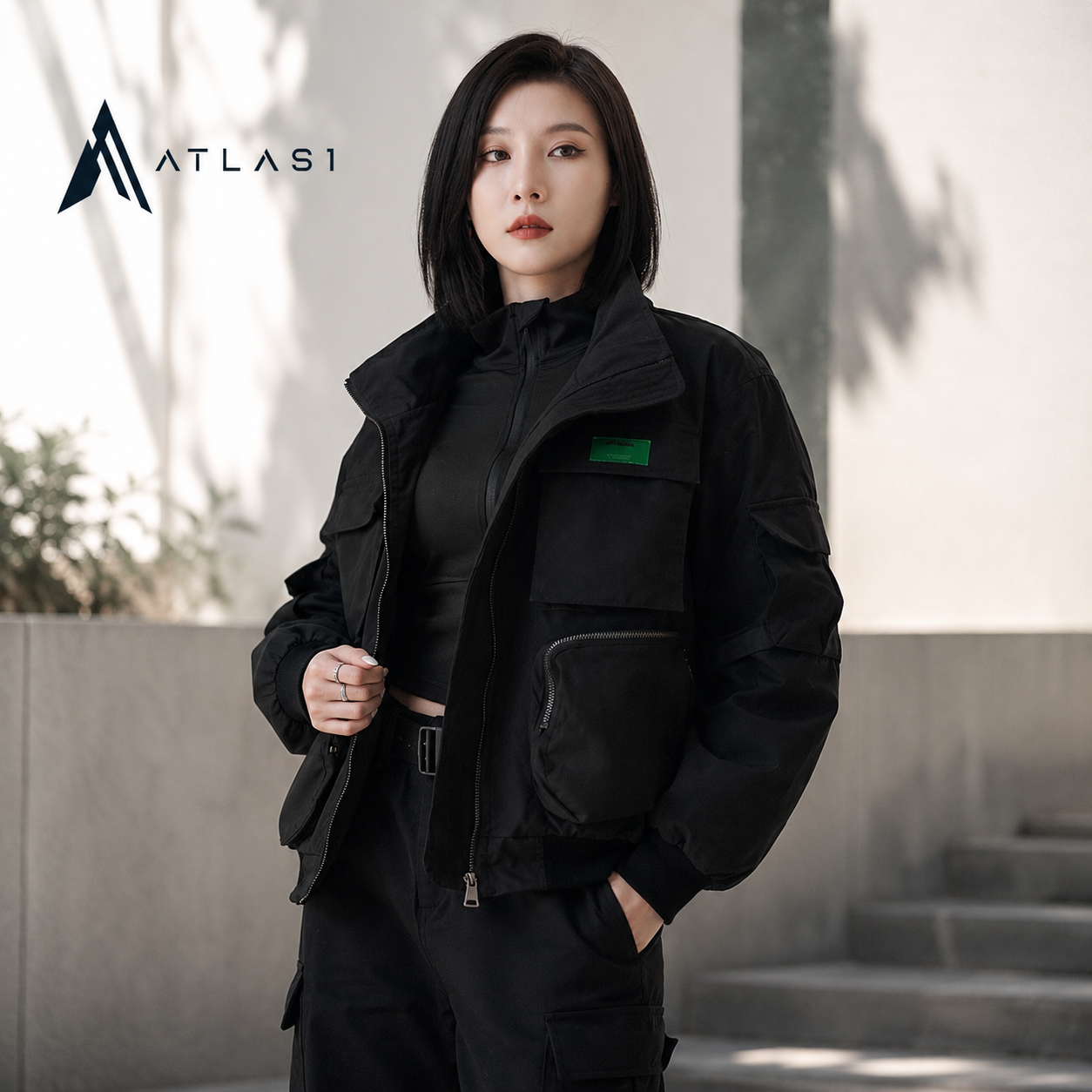 Women's Solid Black Cargo Pockets Techwear Jacket