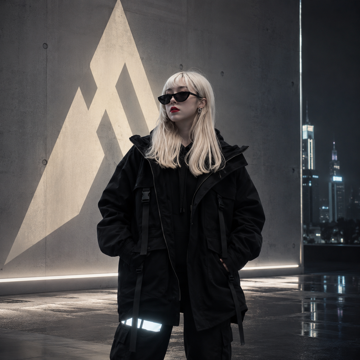 Women's Techwear Denim Oversized Pockets Black Jacket