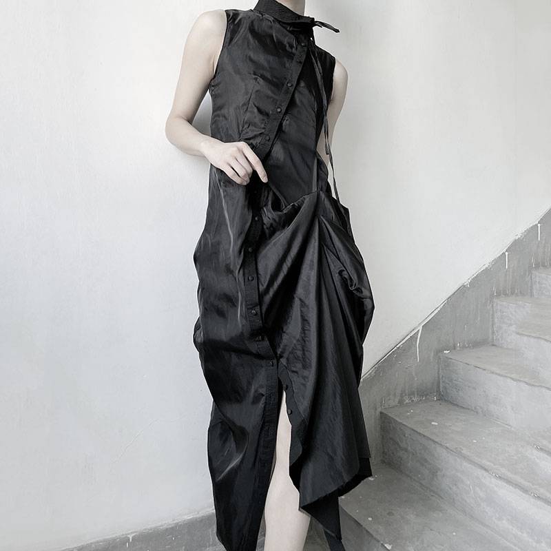 XITAO New Dress Solid Color Asymmetrical Pleated Splicing Slim Women Personality Temperament Stand Collar Summer Fashion WMD0395 