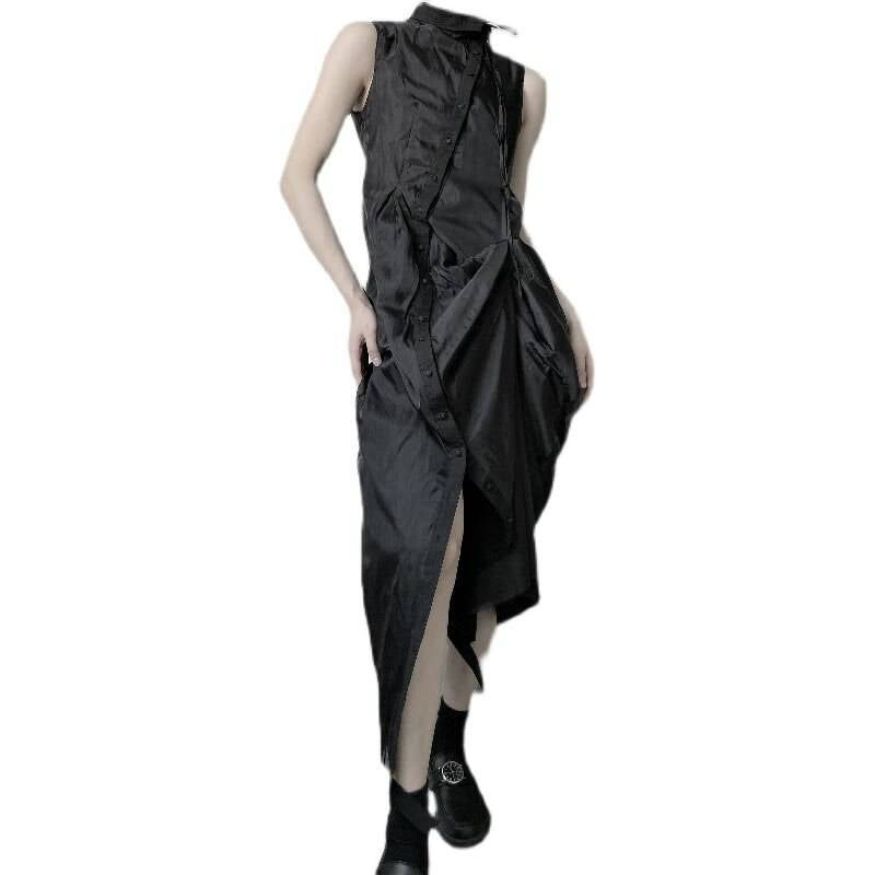 XITAO New Dress Solid Color Asymmetrical Pleated Splicing Slim Women Personality Temperament Stand Collar Summer Fashion WMD0395 color: black WMD0395 size: L 