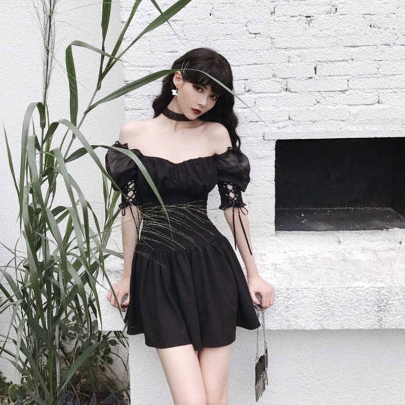 Y Demo Gothic Slash Neck Mesh Puff Sleeve Dress Women Lace Up Casual High Waist A Line Dresses Female 2020 