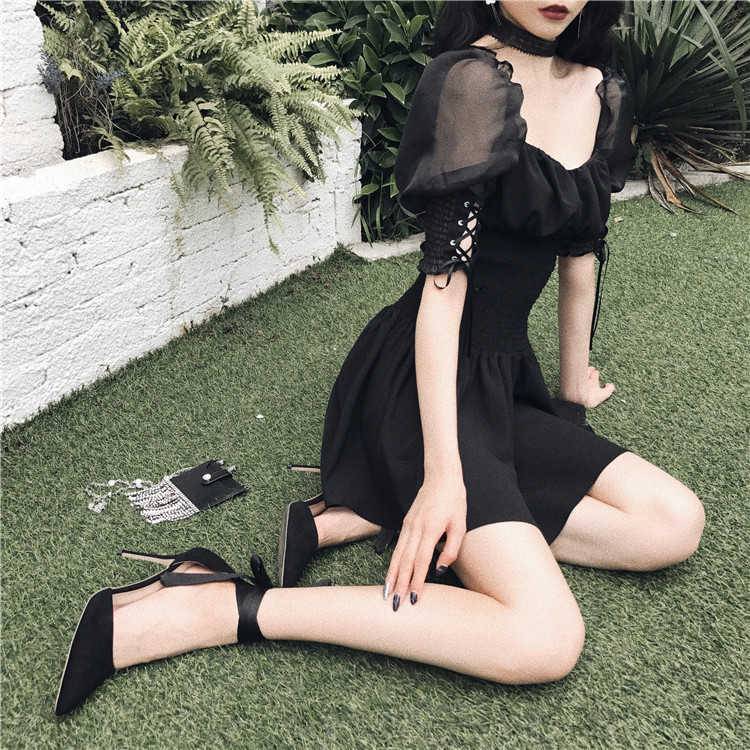 Y Demo Gothic Slash Neck Mesh Puff Sleeve Dress Women Lace Up Casual High Waist A Line Dresses Female 2020 